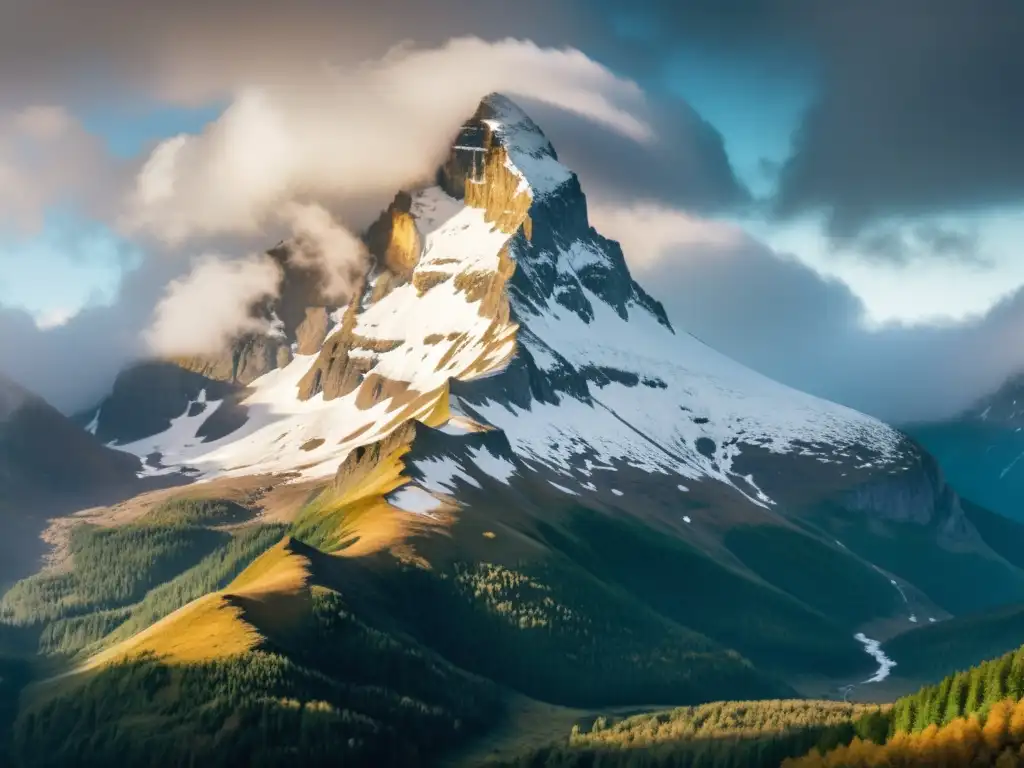 Majestuosa montaña nevada en la región nórdica, envuelta en mística niebla y bañada por la luz dorada