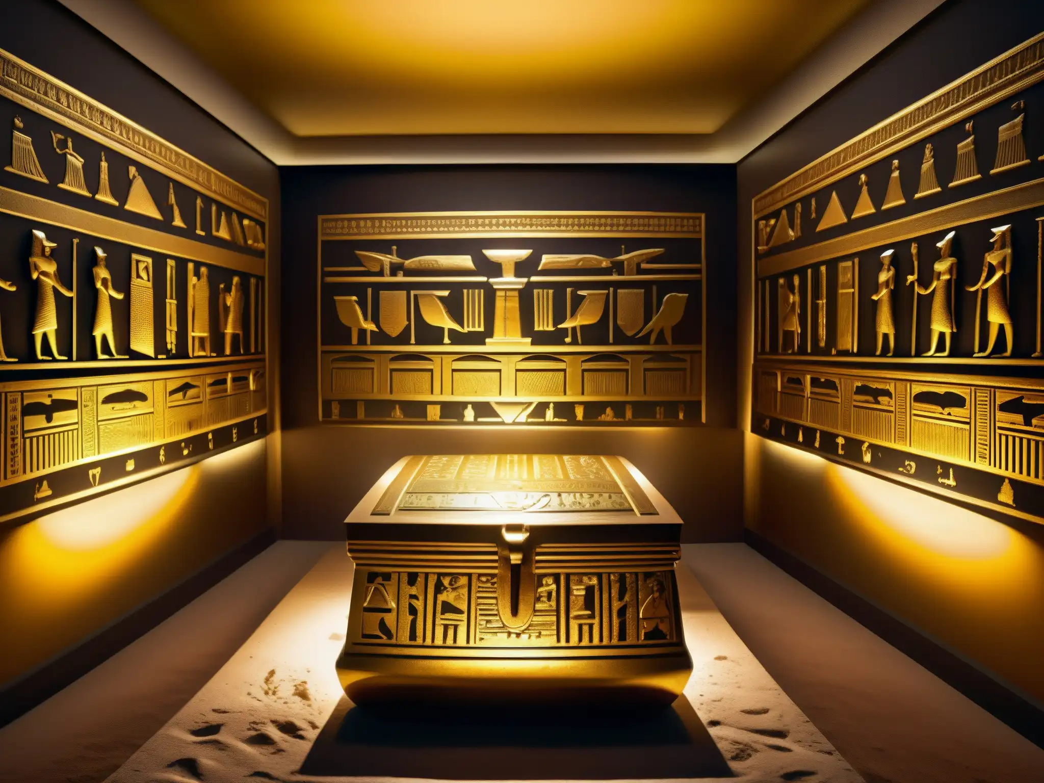 Una majestuosa sala de antigüedades egipcias en un museo con el icónico sarcófago dorado del rey Tutankamón en el centro