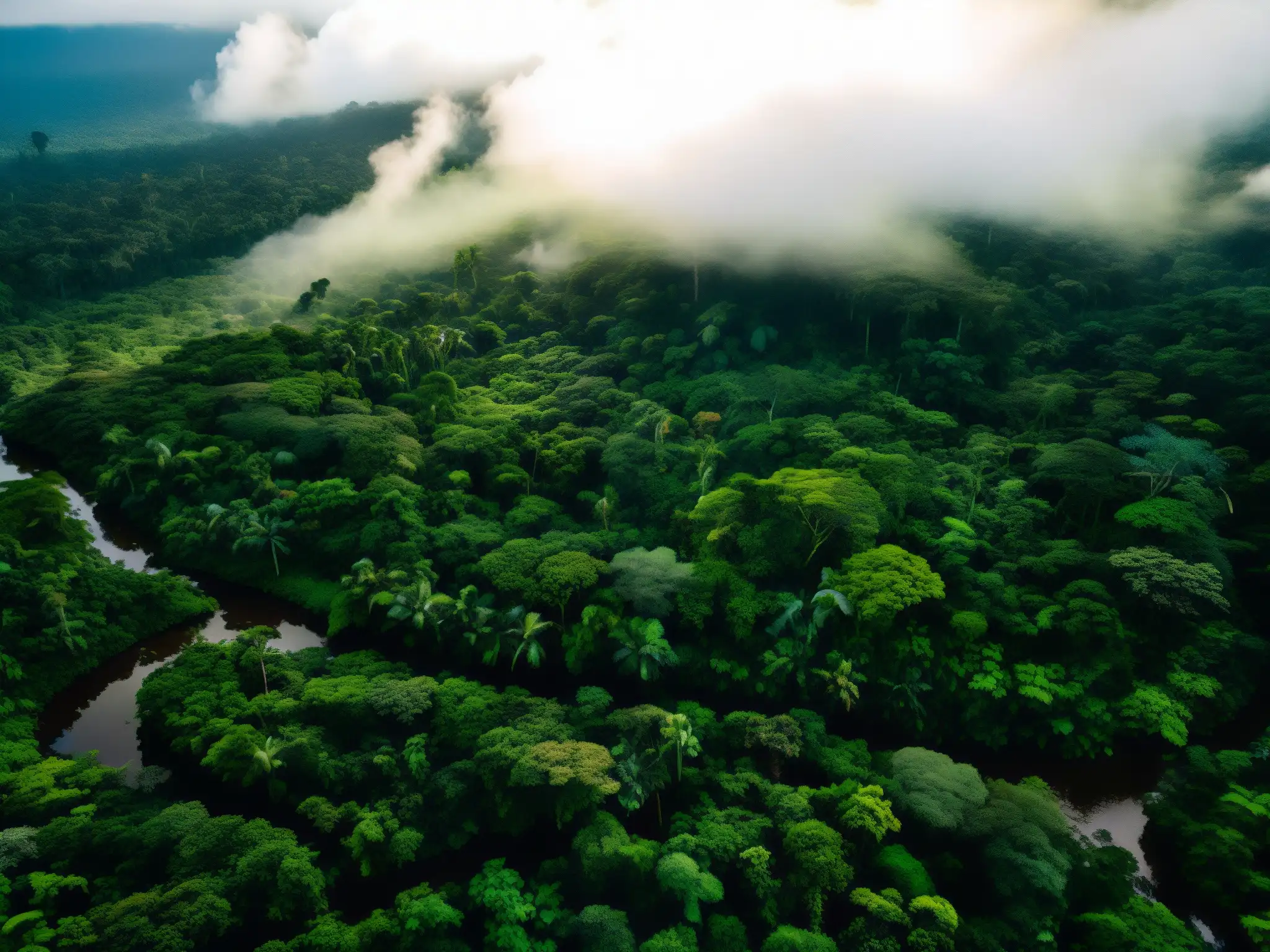 Majestuosa selva del Amazonas, con árboles imponentes, exuberante vegetación y rayos de sol que iluminan el suelo