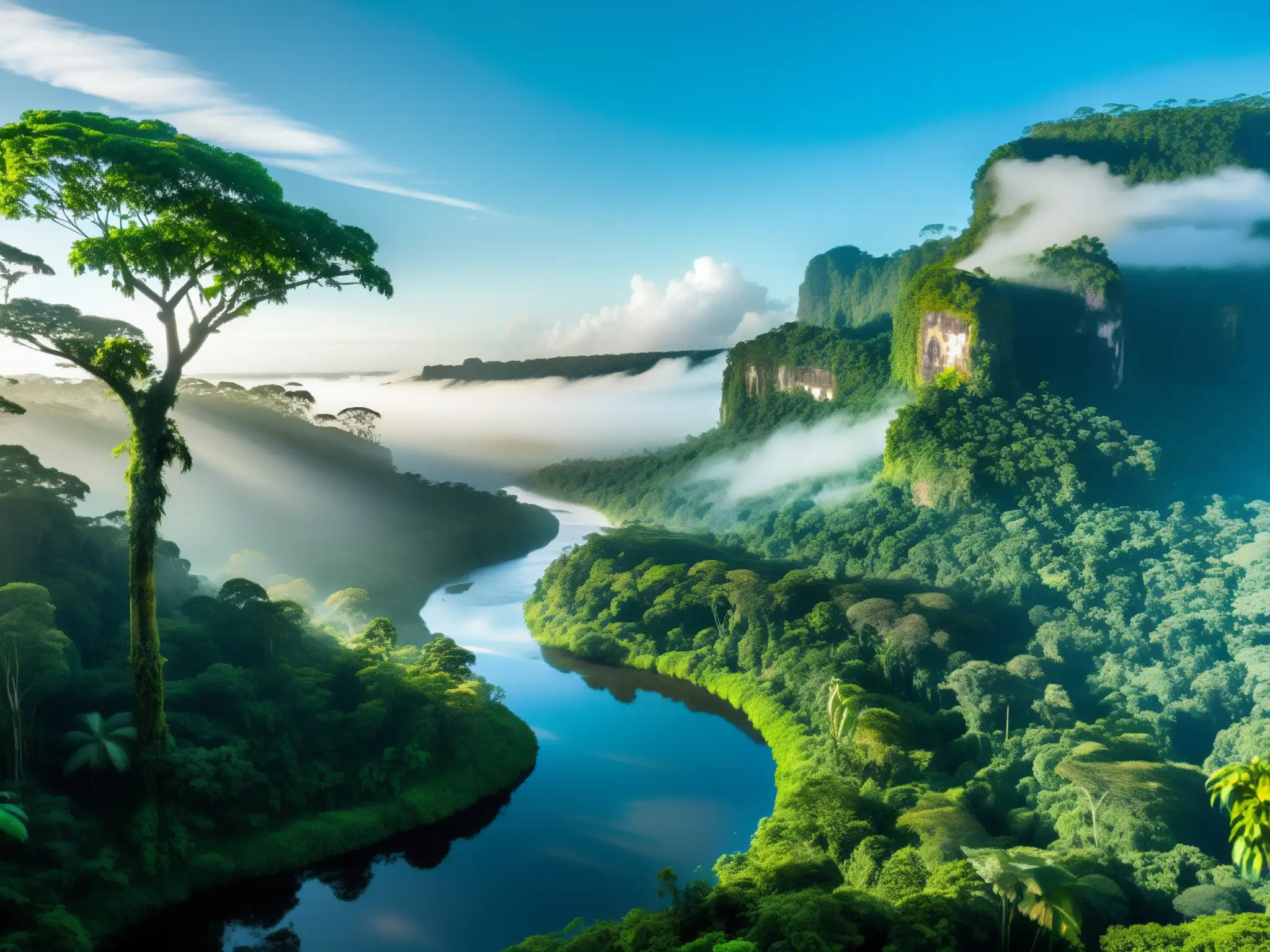 Majestuosa selva del Amazonas con río sereno, reflejando la exuberante vegetación y el cielo azul