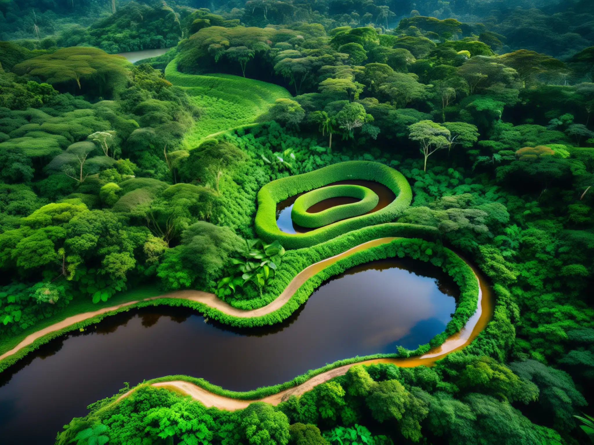 La majestuosa selva amazónica con el río serpenteante y la leyenda de Yacumama, símbolo de origen y verdad en la cultura amazónica