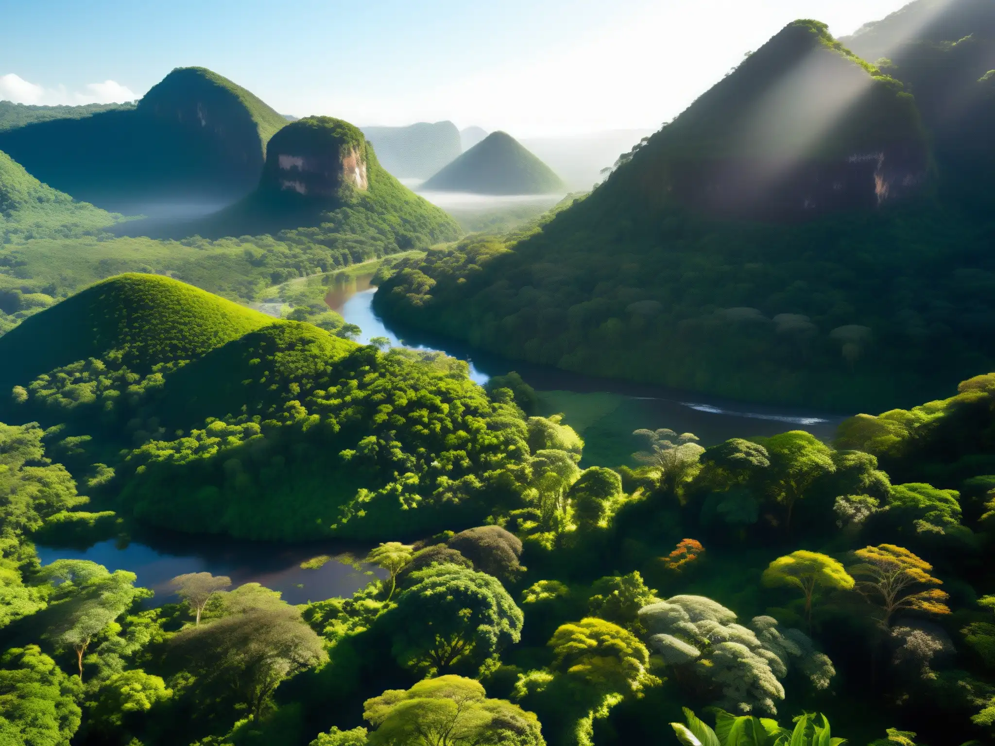 Majestuosa selva paraguaya, con luz filtrándose entre el dosel y creando sombras en la exuberante vegetación