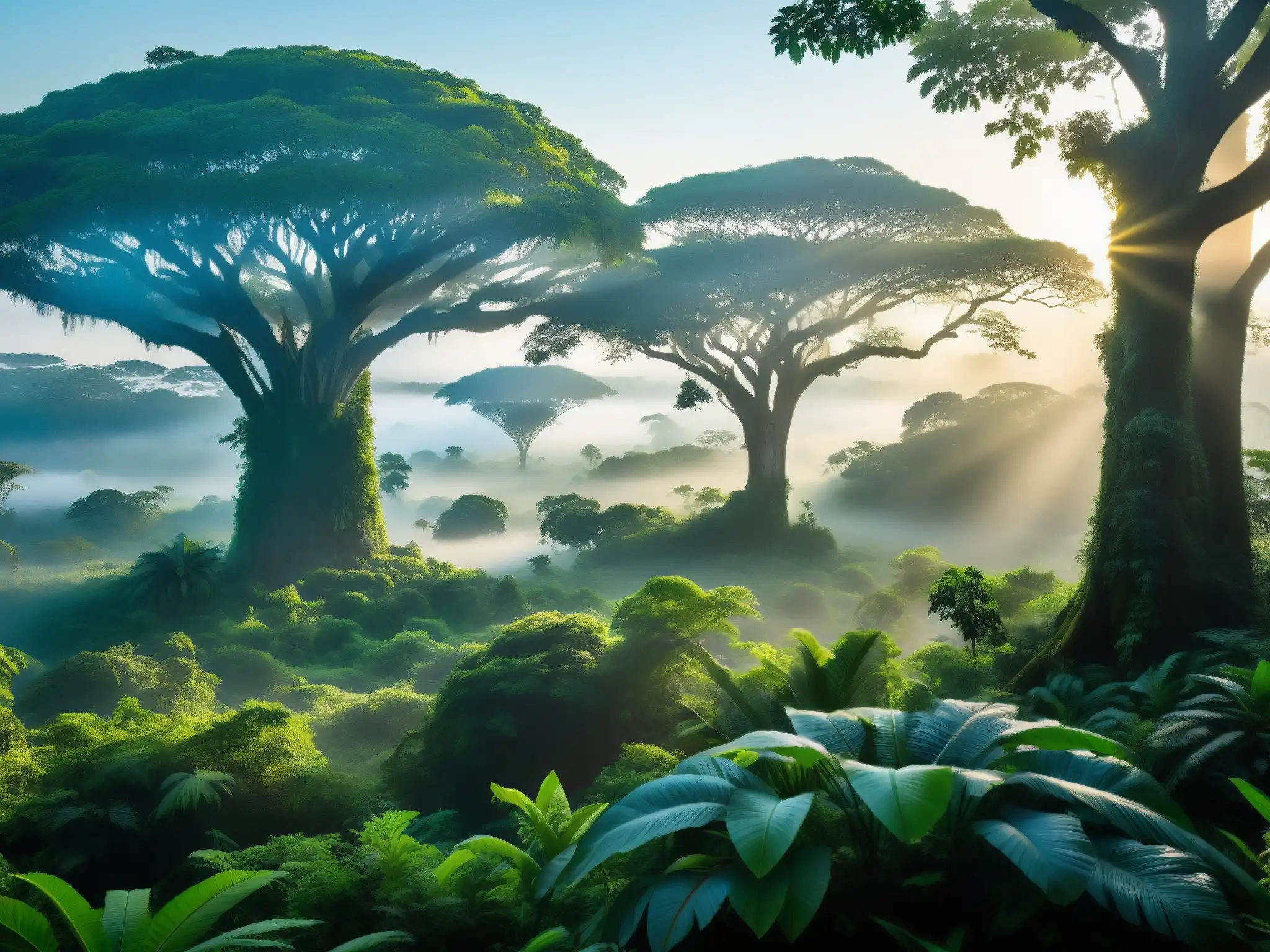 Majestuosa selva paraguaya al amanecer, con luz dorada y la silueta del Jasy Jatere niño ojos azules