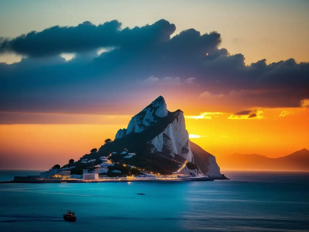 La majestuosa Sirena de Gibraltar emerge en un vibrante atardecer sobre el Mediterráneo, cautivando con su mística y belleza costera