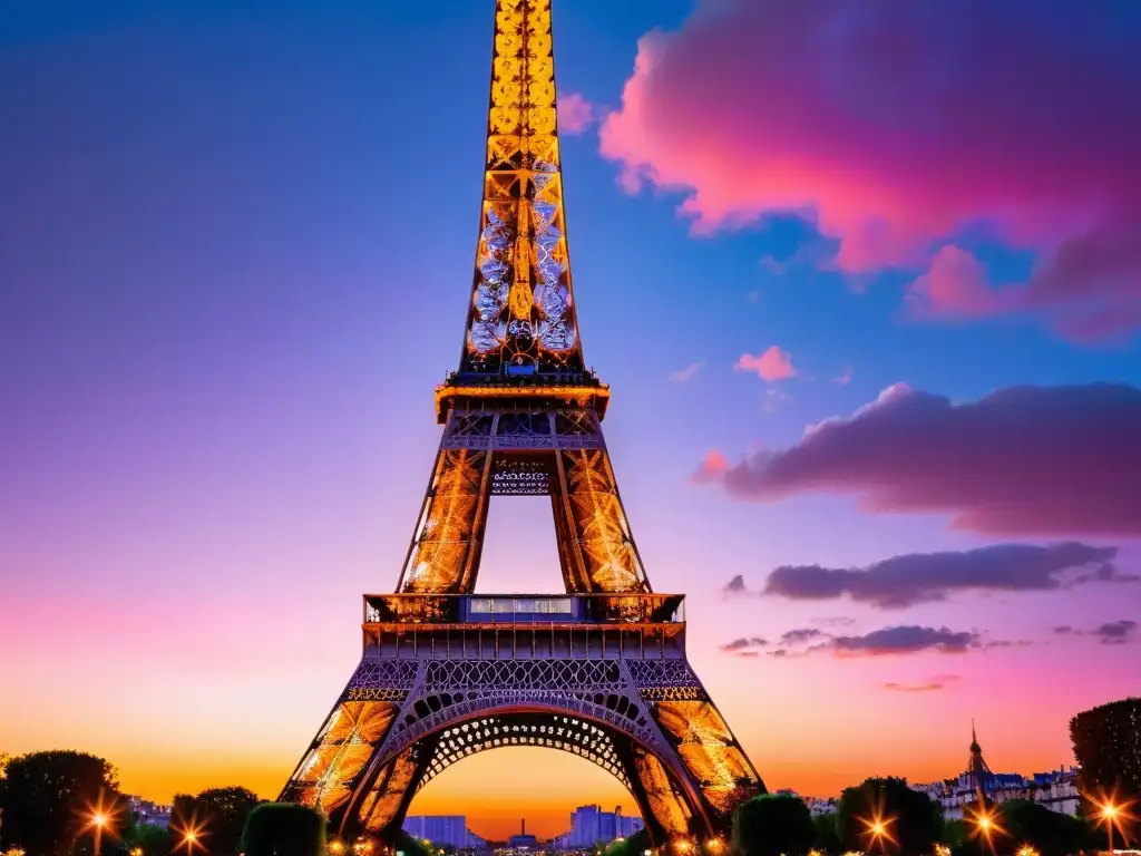 La majestuosa Torre Eiffel al atardecer, con tonos anaranjados, rosados y morados en el cielo