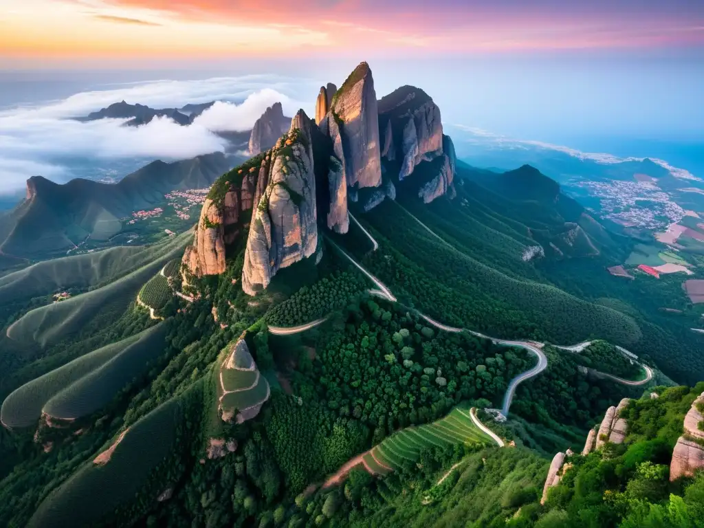 Majestuosa vista aérea de Montserrat, Cataluña, con sus formaciones rocosas únicas y exuberante vegetación, bañada por un vibrante atardecer