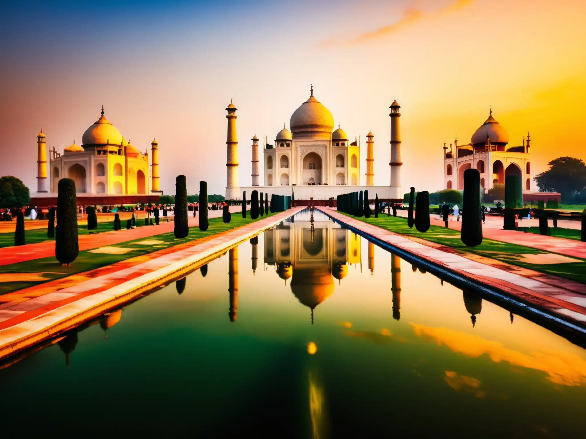 Majestuosa vista del Taj Mahal al atardecer, iluminado por la cálida luz dorada, reflejándose en el río