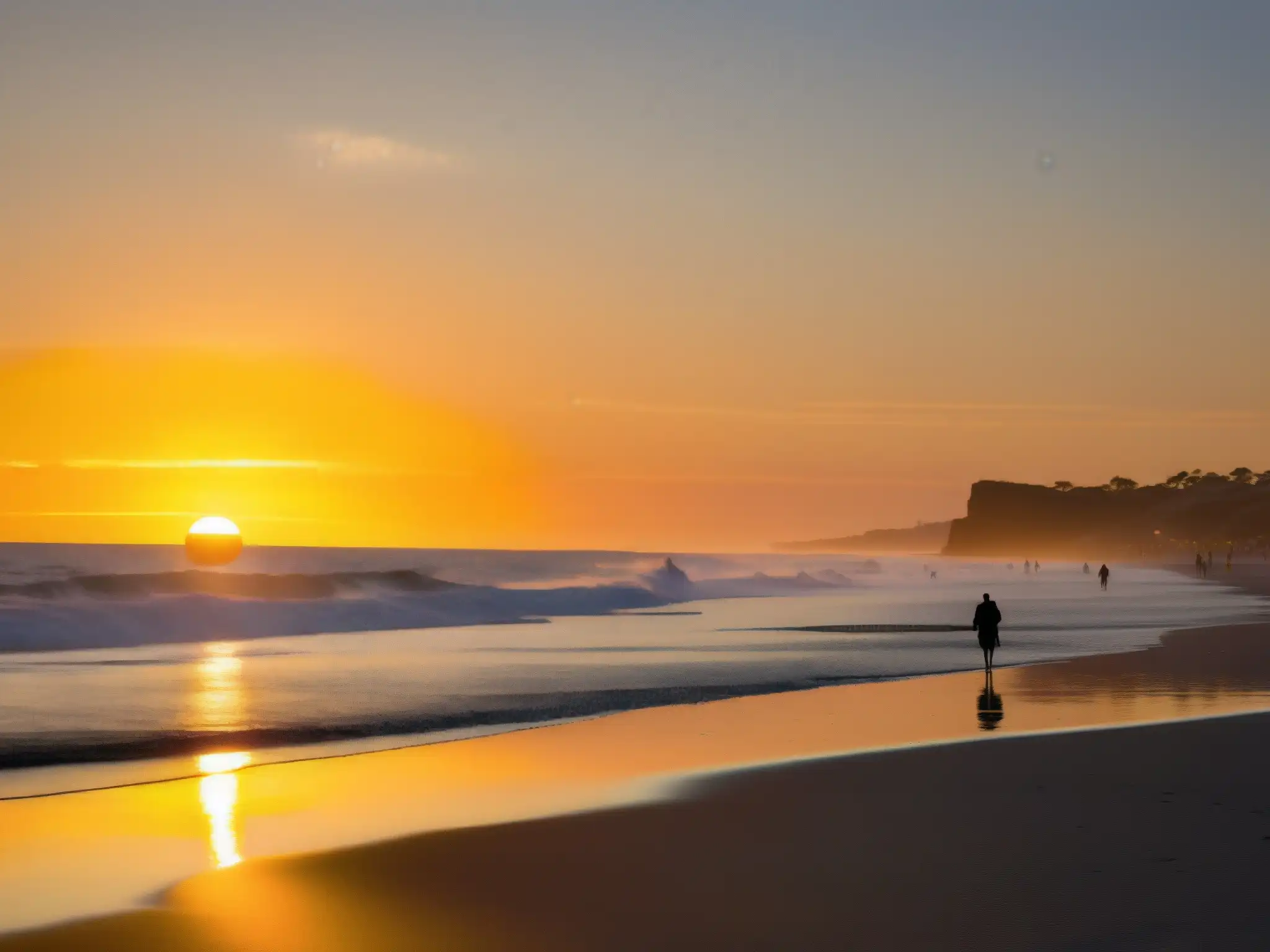 Majestuosa vista de la playa Dumas al atardecer, con el sol dorado en el horizonte y gente paseando
