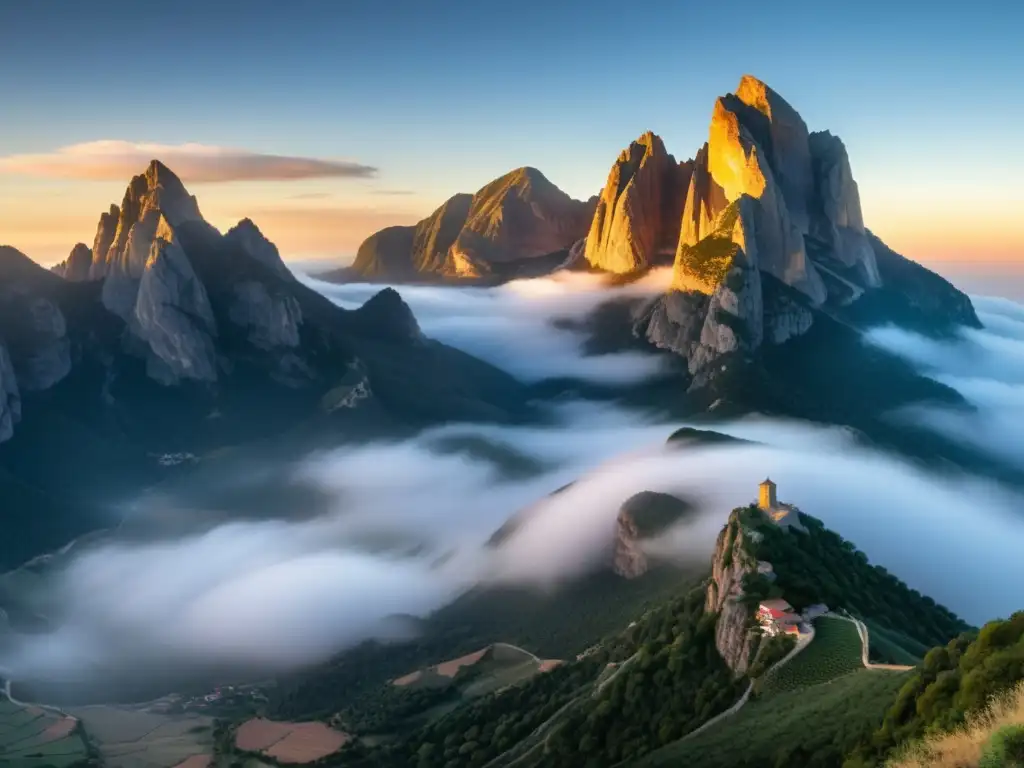 Majestuosas montañas de Montserrat Cataluña, envueltas en mística niebla al amanecer, evocando mitos y leyendas urbanas