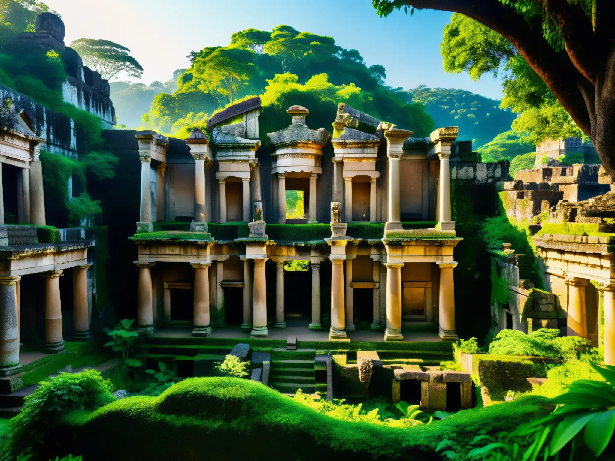 Majestuosas ruinas antiguas entre exuberante selva, evocando leyendas de civilizaciones perdidas en el sureste de Asia