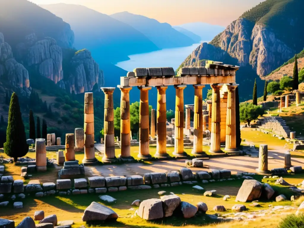 Majestuosas ruinas del Templo de Apolo en Delfos al atardecer, evocando mitos y leyendas urbanas Europa
