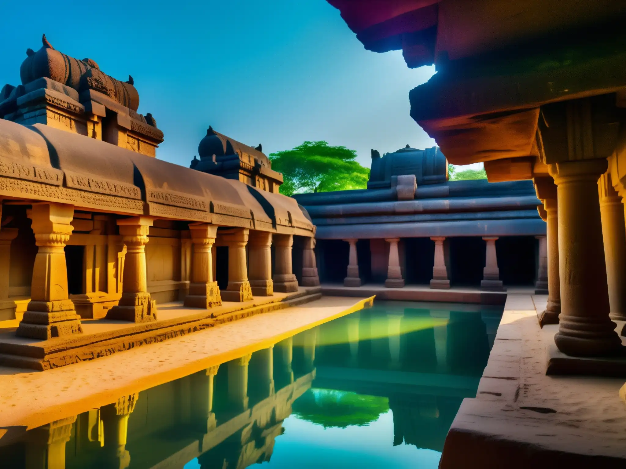 Descubre la majestuosidad de los templos hundidos de Mahabalipuram, una civilización perdida que emerge en una escena misteriosa y fascinante