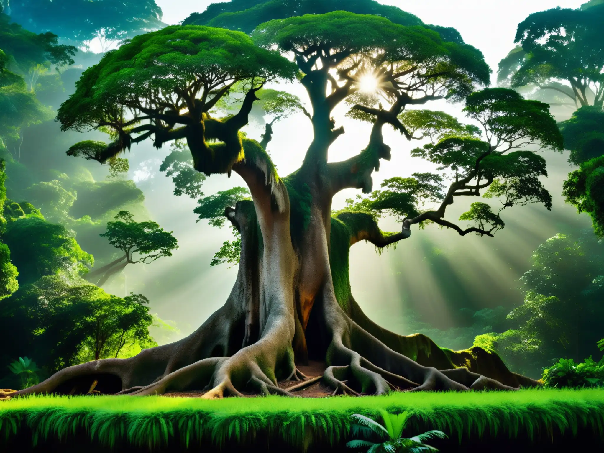 Un majestuoso árbol ceiba en la densa selva amazónica, sus raíces forman una red en el suelo