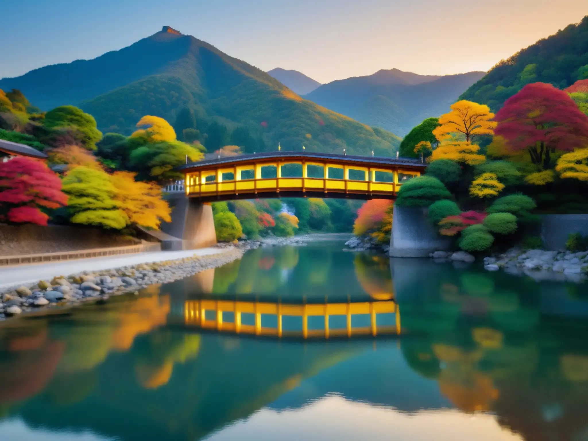 Majestuoso atardecer en el Puente Saruhashi, reflejado en aguas tranquilas, rodeado de naturaleza y misticismo