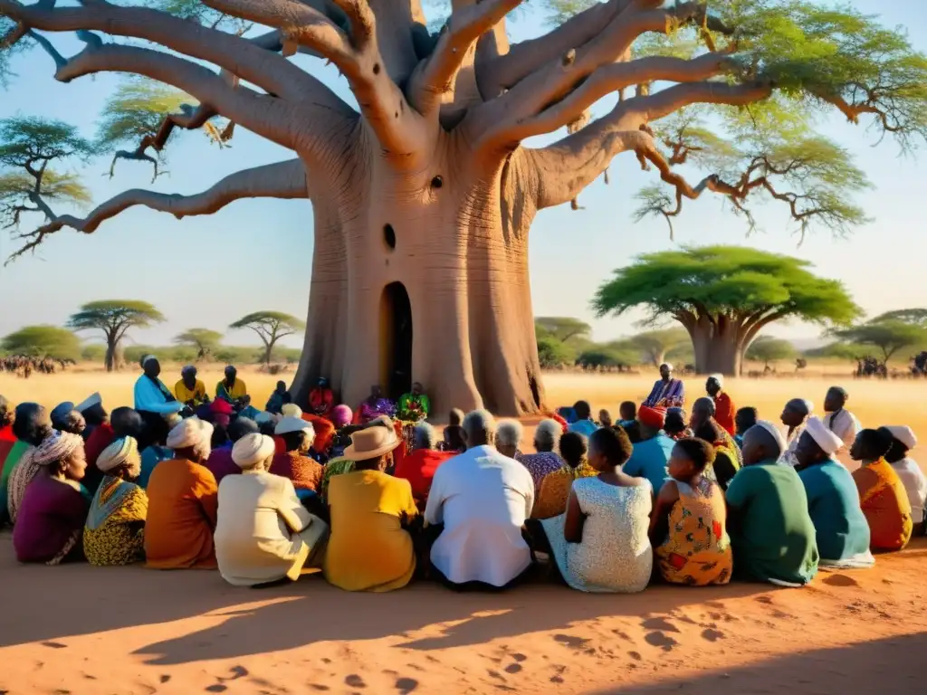 Bajo el majestuoso baobab, un anciano cuenta profecías urbanas africanas a un público cautivado