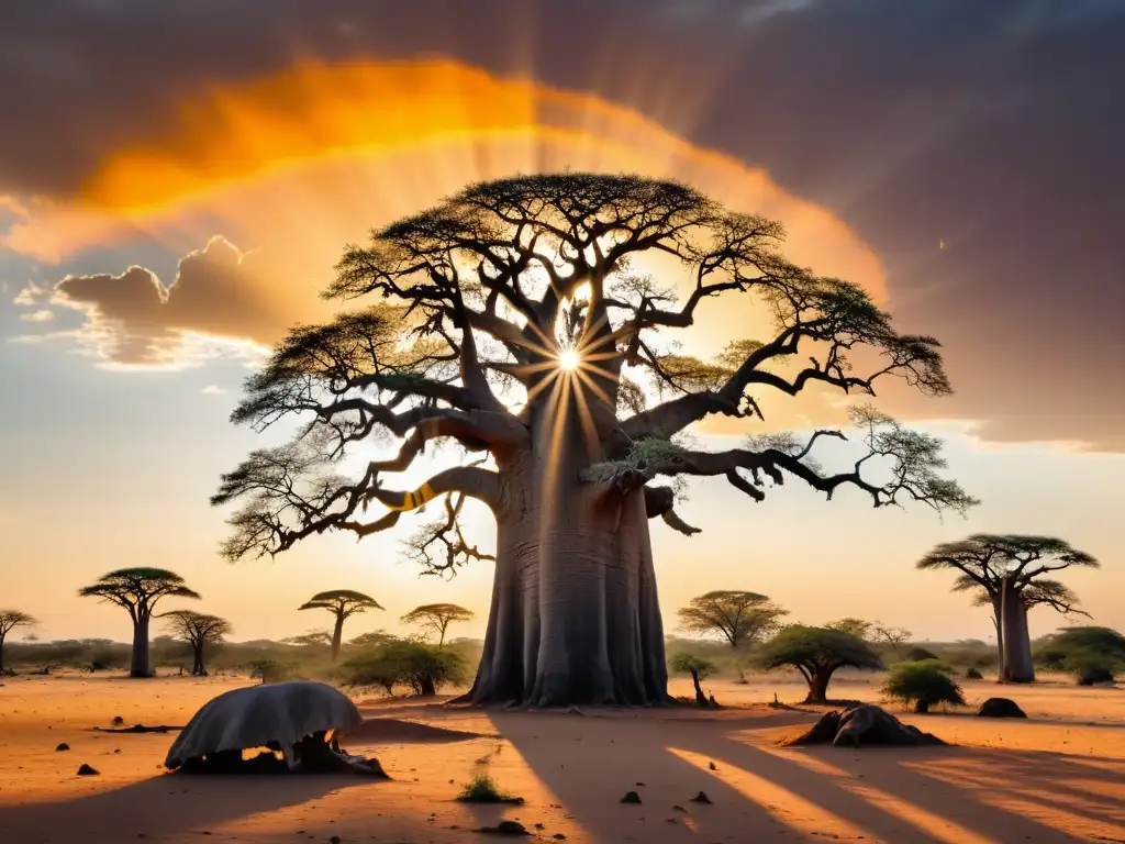 Un majestuoso baobab se alza contra el cielo al atardecer, con su textura y sombra impresionantes, mientras personas lo admiran en silueta