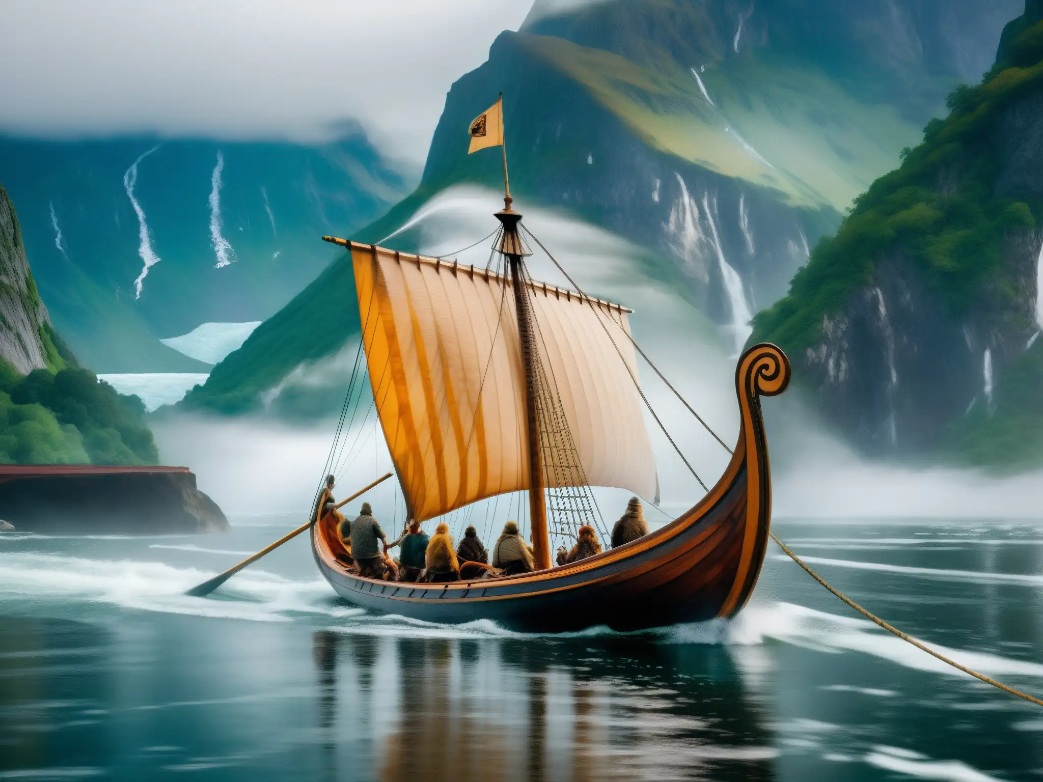 Un majestuoso barco vikingo surcando un fiordo brumoso, rodeado de imponentes montañas