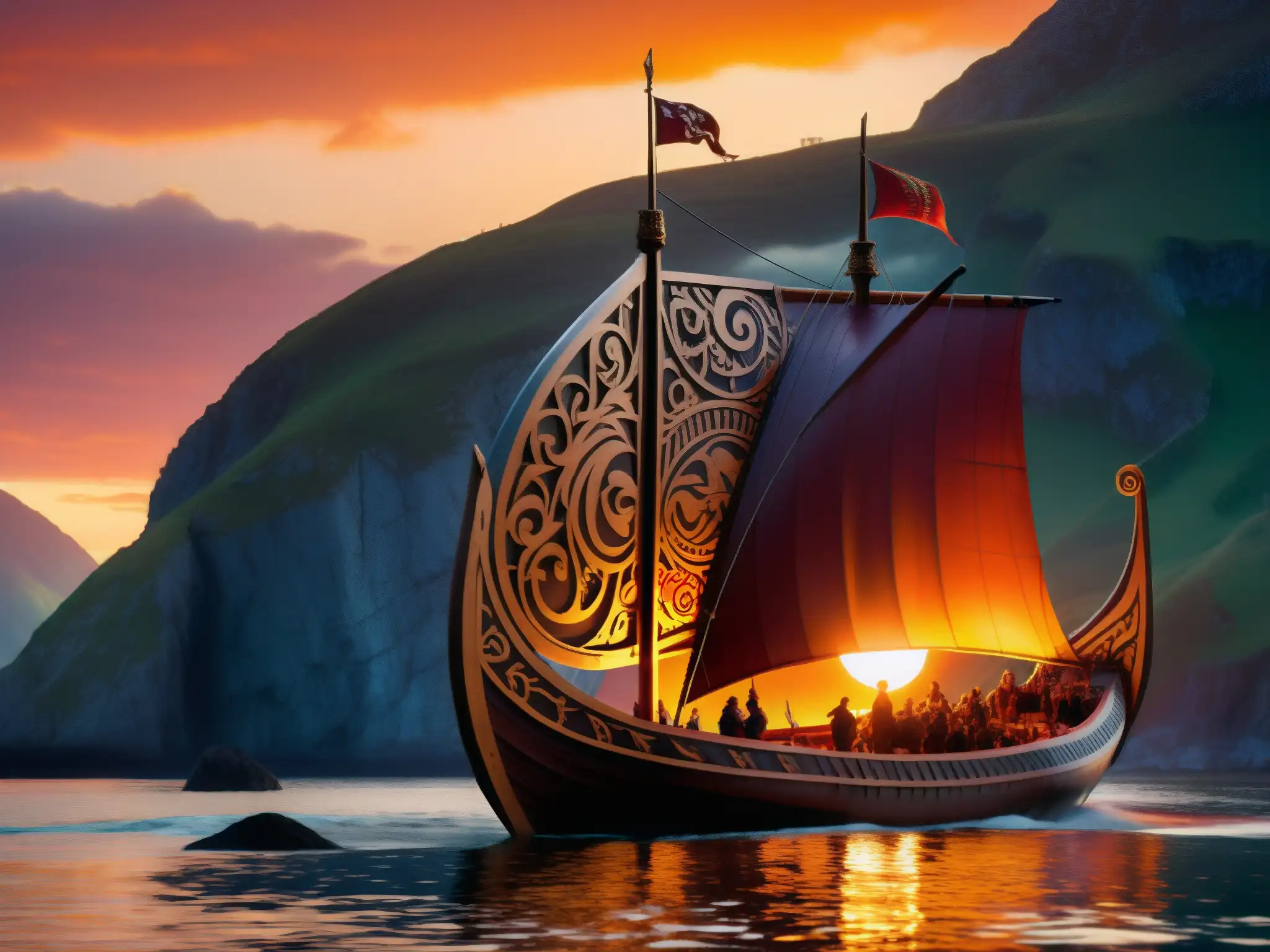 Un majestuoso barco vikingo tallado en la montaña, iluminado por el cálido atardecer