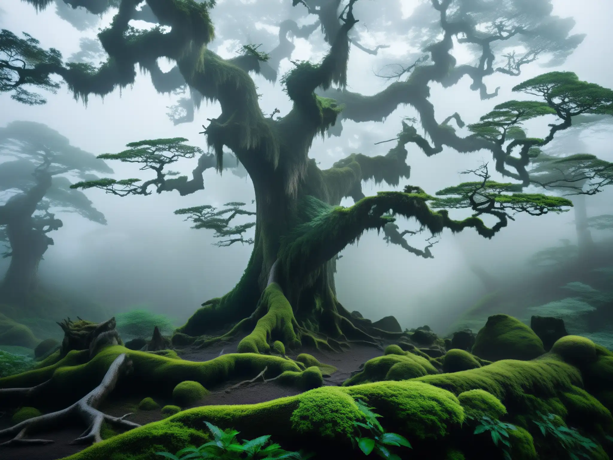 Majestuoso bosque japonés envuelto en niebla, revelando la atmósfera etérea de la leyenda japonesa del lamento eterno