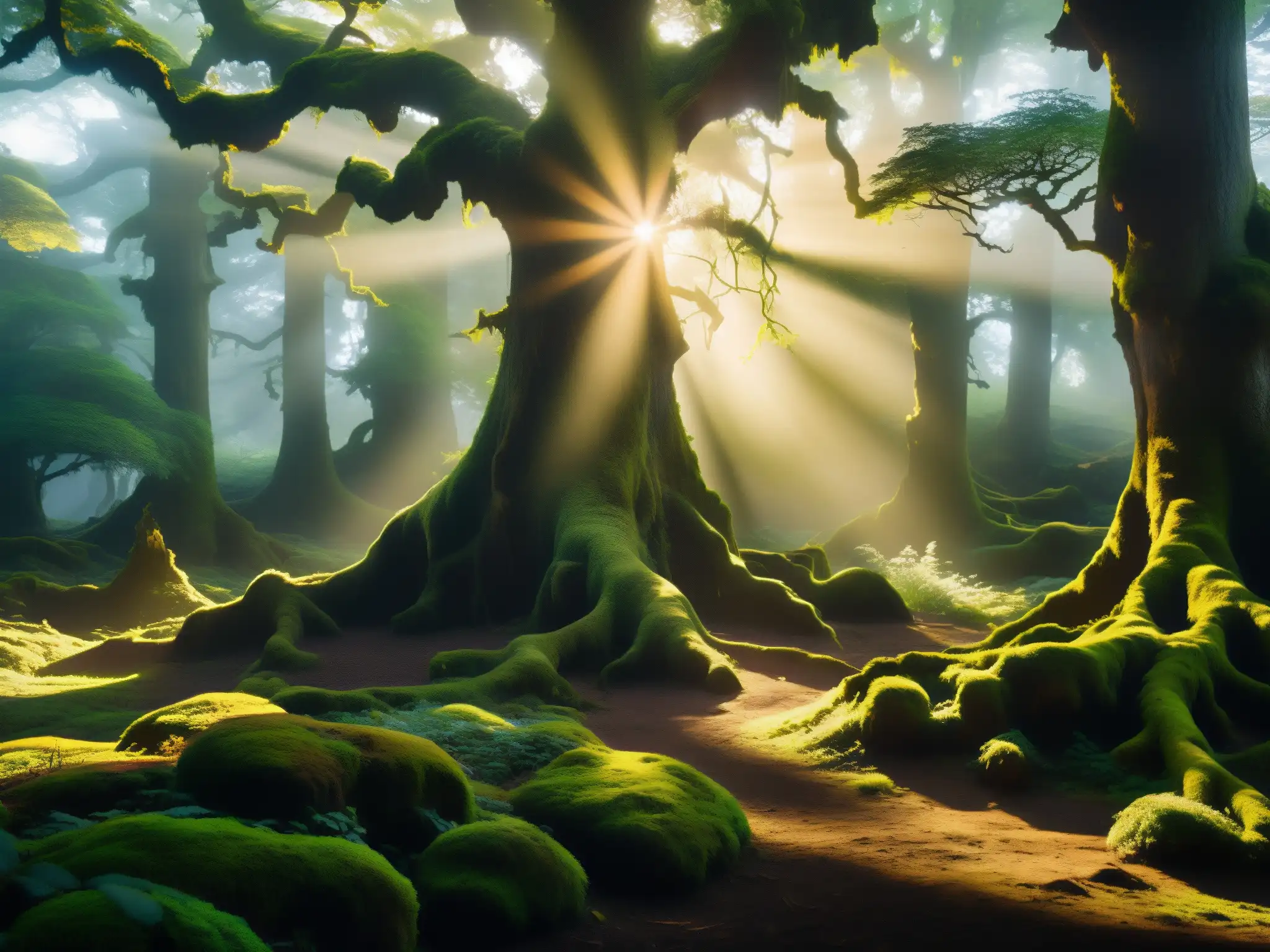 Majestuoso bosque neblinoso con árboles antiguos y misteriosa figura entre la vegetación, evocando los mitos y leyendas Sanjay Van