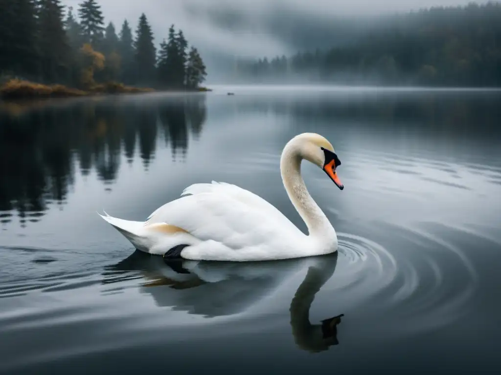 El majestuoso cisne blanco surca un lago nórdico entre la neblina, evocando misterio y simbolismo en la cultura nórdica