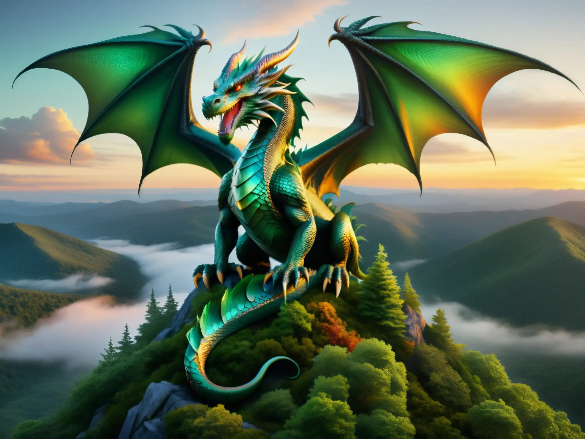 Un majestuoso dragón de los Apalaches, con escamas iridiscentes, observa desde las montañas al atardecer
