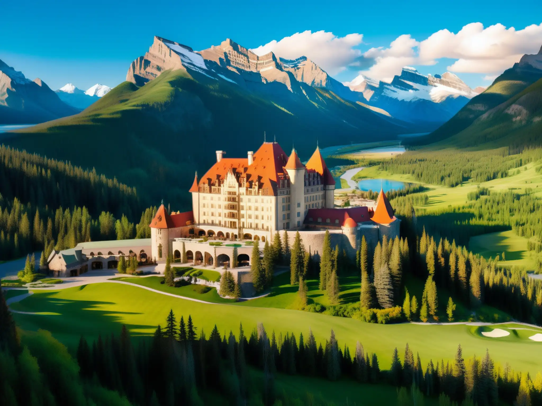 El majestuoso hotel Fairmont Banff Springs se asoma entre las montañas rocosas de Canadá, iluminado por cálida luz dorada