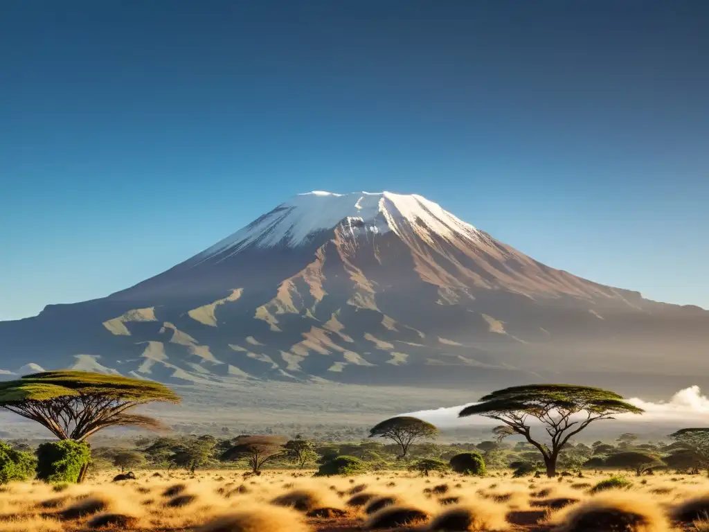 El majestuoso Kilimanjaro destaca contra el cielo africano, con su pico nevado brillando bajo el sol