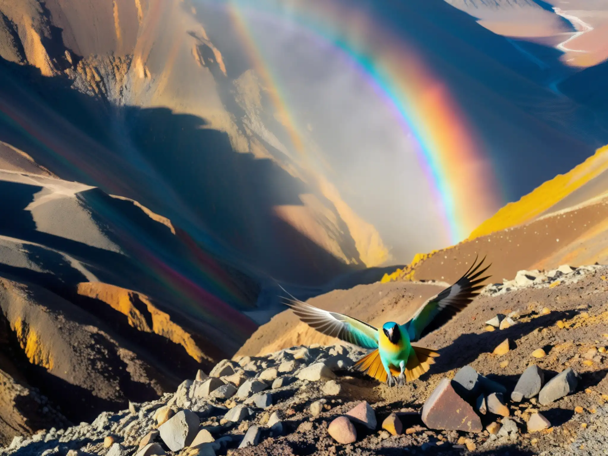 El majestuoso Alicanto ave fortuna vuela sobre minas en Chile, sus plumas iridiscentes brillan en la luz, asombrando a los mineros