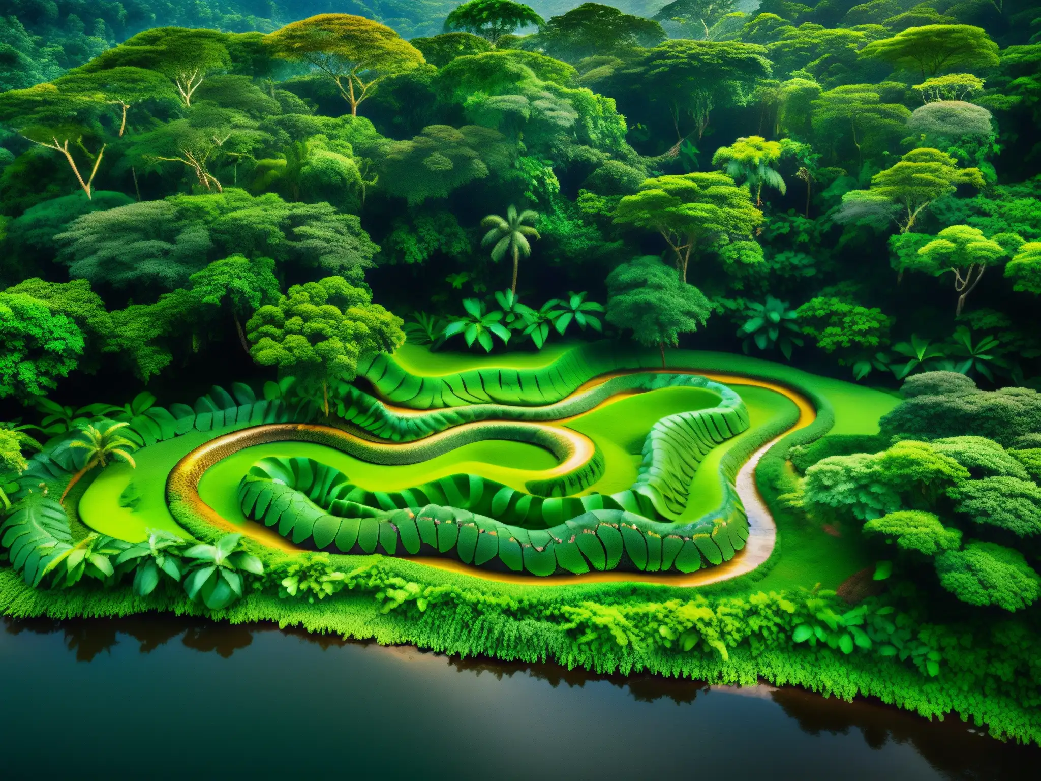 Majestuoso mito serpiente siete cabezas Amazonas envuelto en exuberante selva y río serpenteante, evocando misterio y encanto
