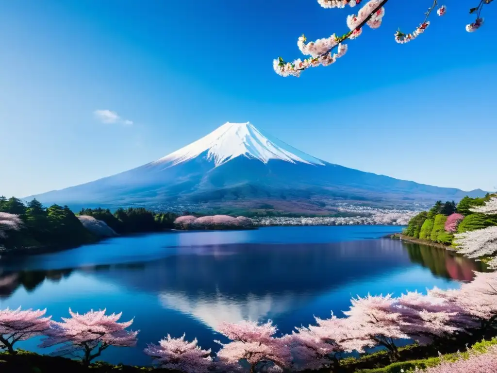 El majestuoso Monte Fuji, con sus picos nevados y cerezos en flor
