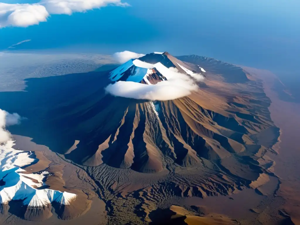 El majestuoso pico nevado del Monte Kilimanjaro se eleva sobre un paisaje rocoso, bañado por la luz del sol