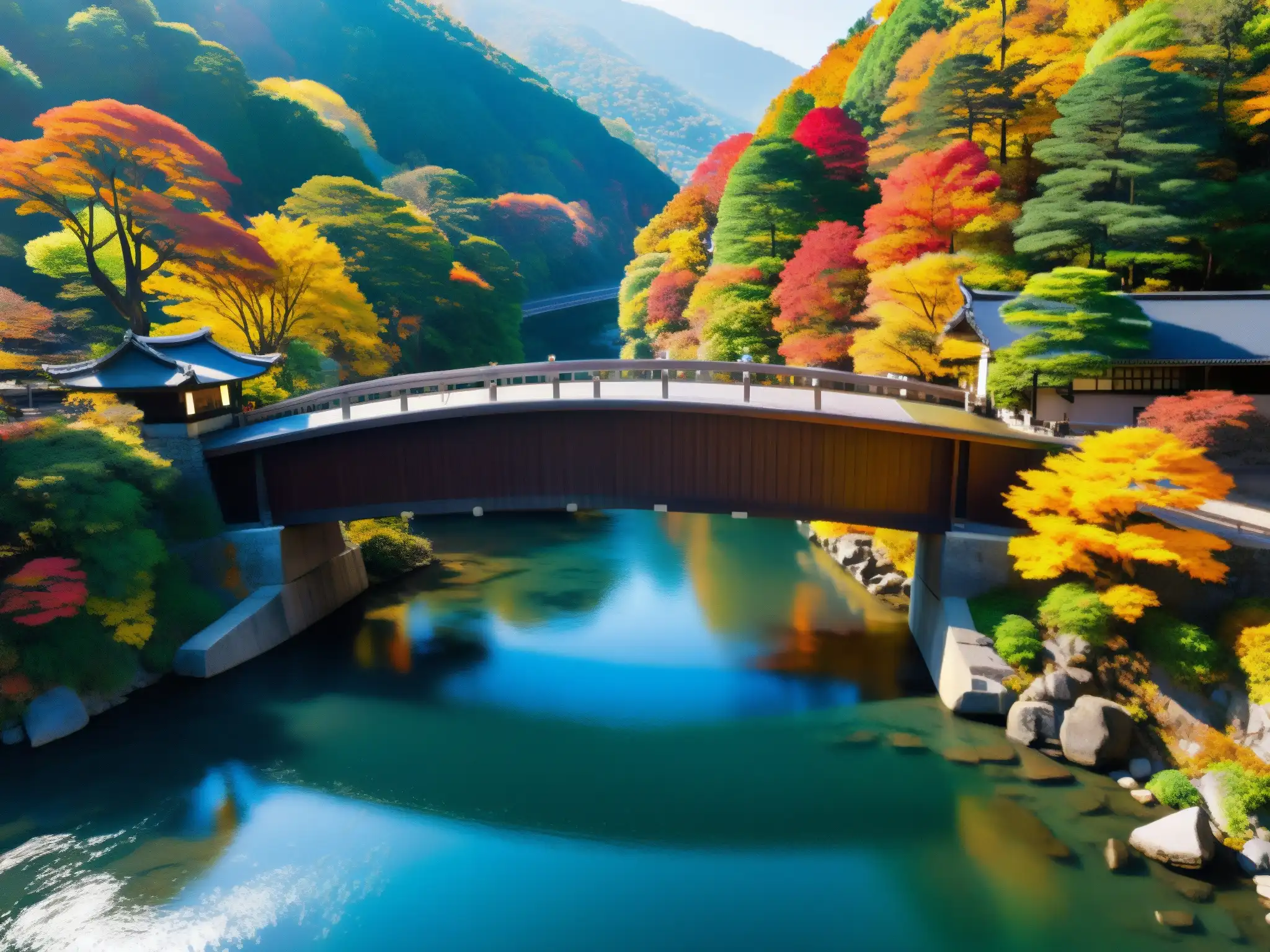 Majestuoso puente Saruhashi envuelto en vibrante follaje otoñal, con aguas cristalinas y luz filtrándose entre las hojas