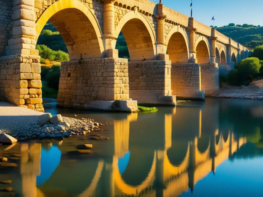 El majestuoso Puente de Alcántara sobre el río Tajo en España, bañado por cálida luz dorada