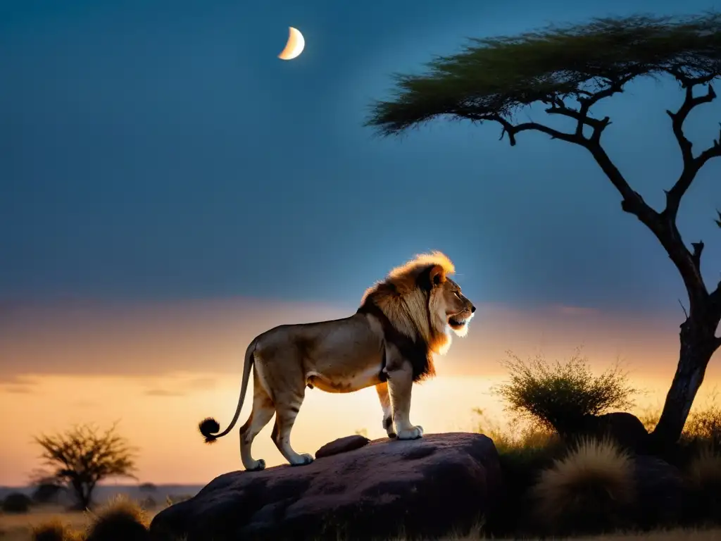 Majestuoso león en la sabana africana, bajo la luz de la luna
