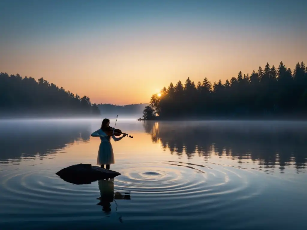 Majestuoso violinista acuático Näcken despierta misterio en lago neblinoso al amanecer