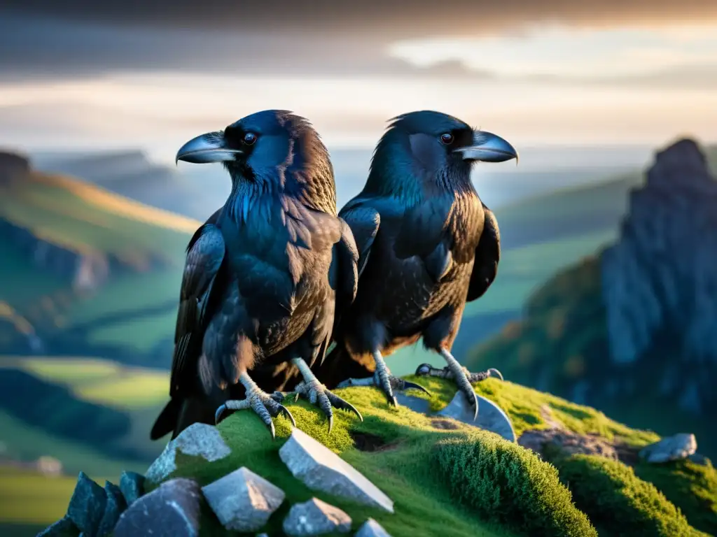 Dos majestuosos cuervos, Huginn y Muninn, posados sobre el hombro de Odin en un paisaje atmosférico, capturando la esencia de la mitología nórdica
