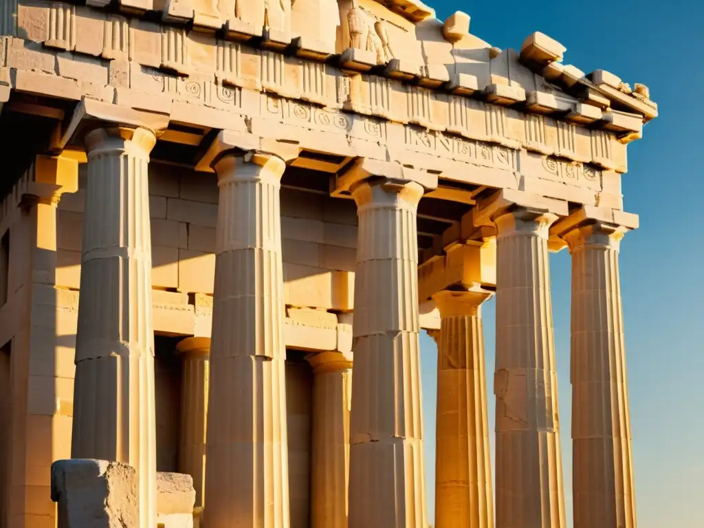 Los majestuosos detalles del Partenón bañados por la cálida luz del sol, evocando la influencia de la antigüedad en leyendas urbanas