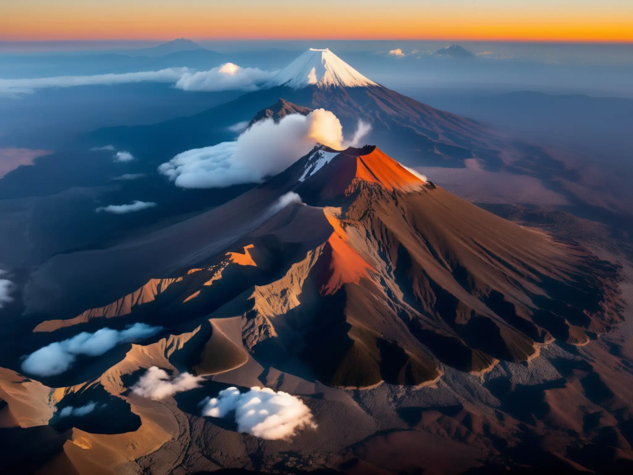 Majestuosos volcanes mexicanos al atardecer, evocando mitos y leyendas