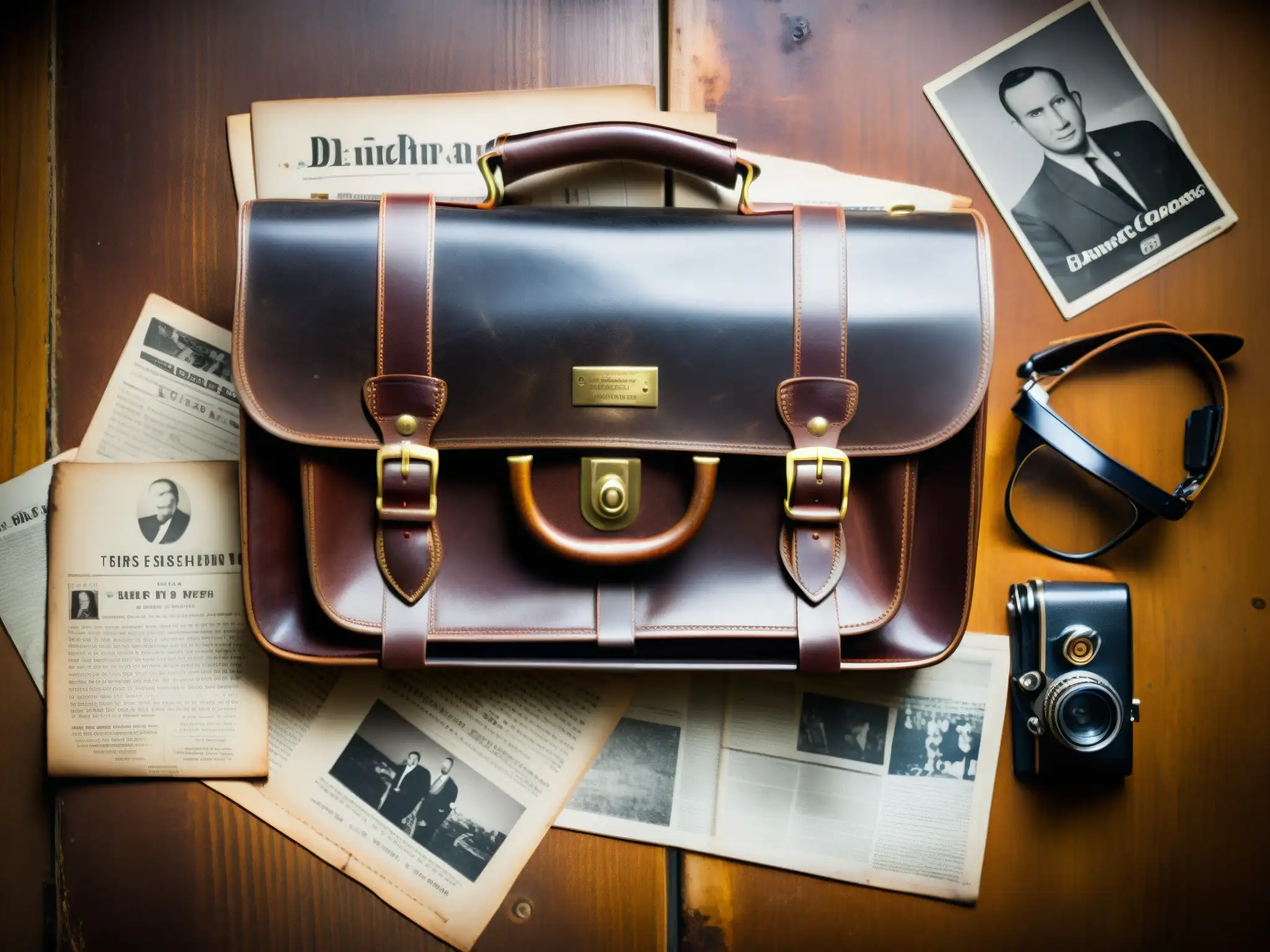 Un maletín envejecido y misterioso, rodeado de documentos y fotos antiguas sobre el caso del misterio del maletín D