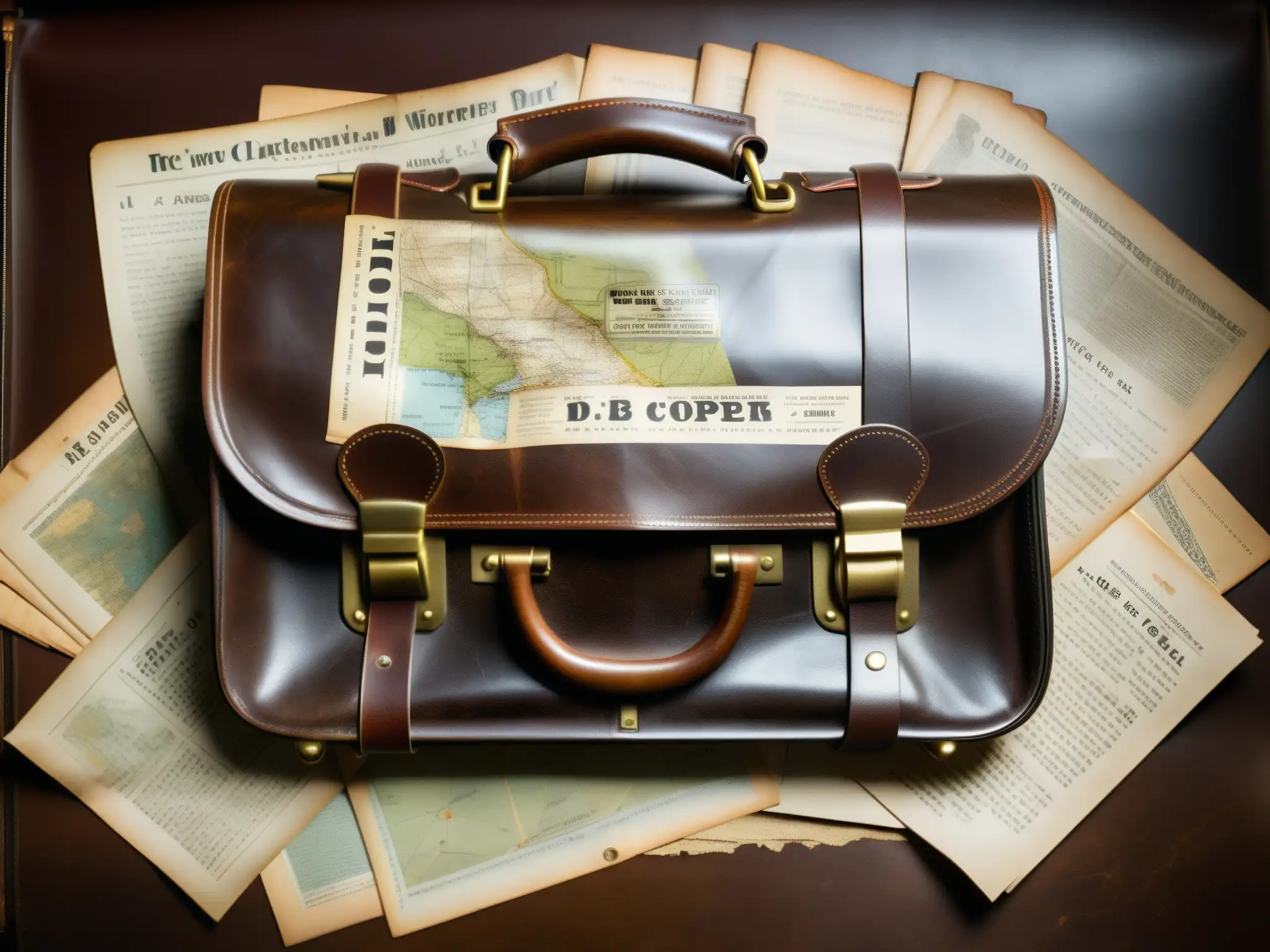 Un maletín vintage cubierto de polvo y telarañas, con clavos de latón desgastados, sobre una mesa iluminada tenue, evocando el misterio del maletín D
