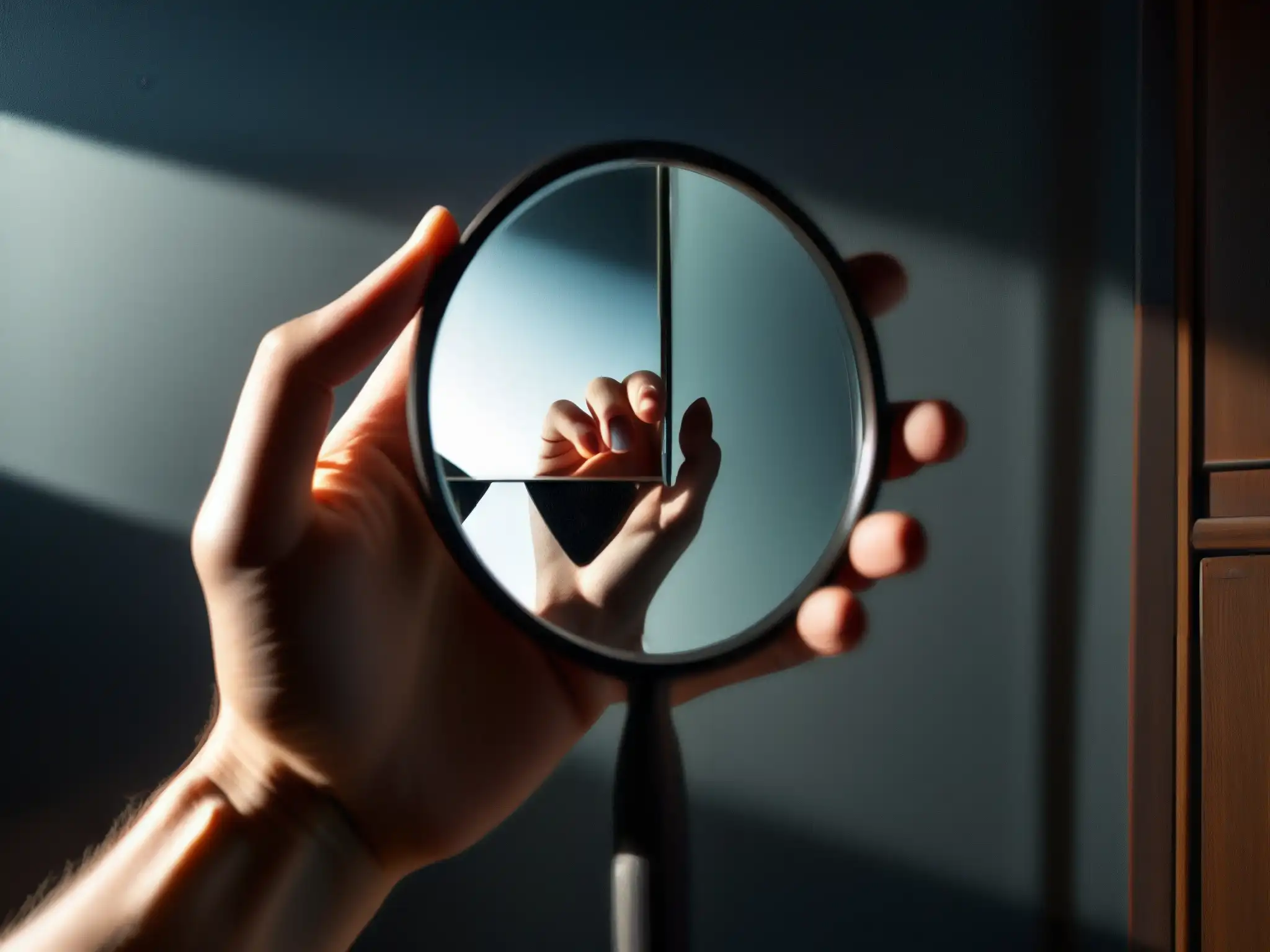 Una mano sostiene un espejo roto, reflejando una figura misteriosa