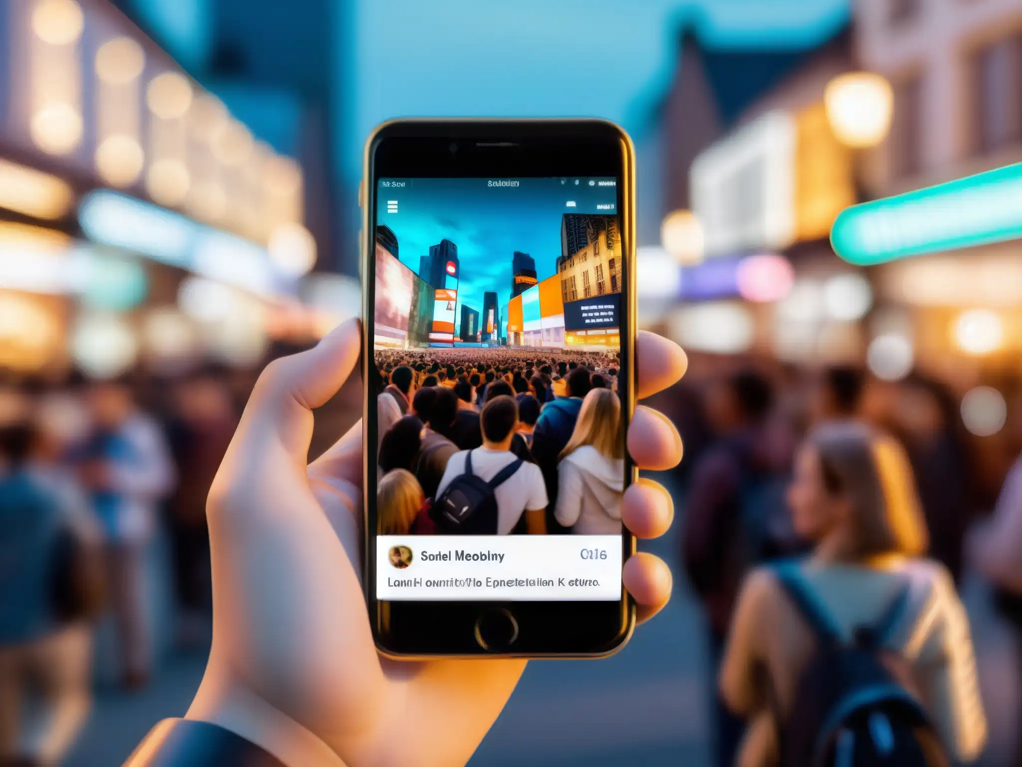 Mano sostiene smartphone con leyenda urbana en redes sociales, rodeada de personas