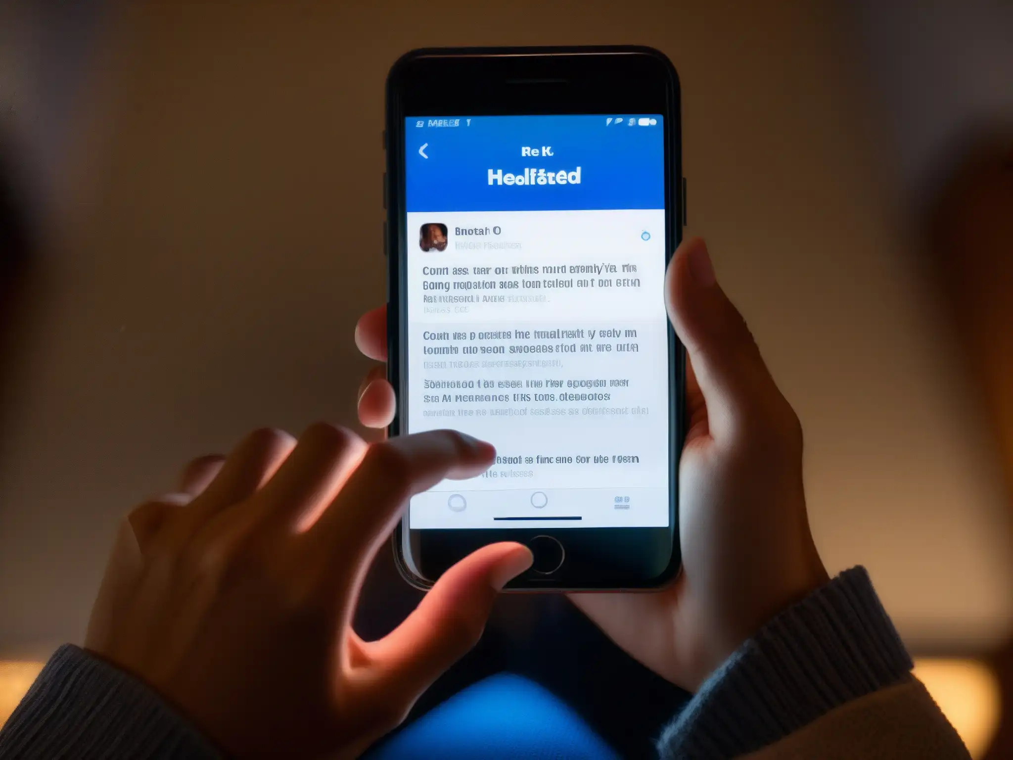Unas manos nerviosas juegan con un teléfono mientras se leen mensajes inquietantes sobre salud en redes sociales