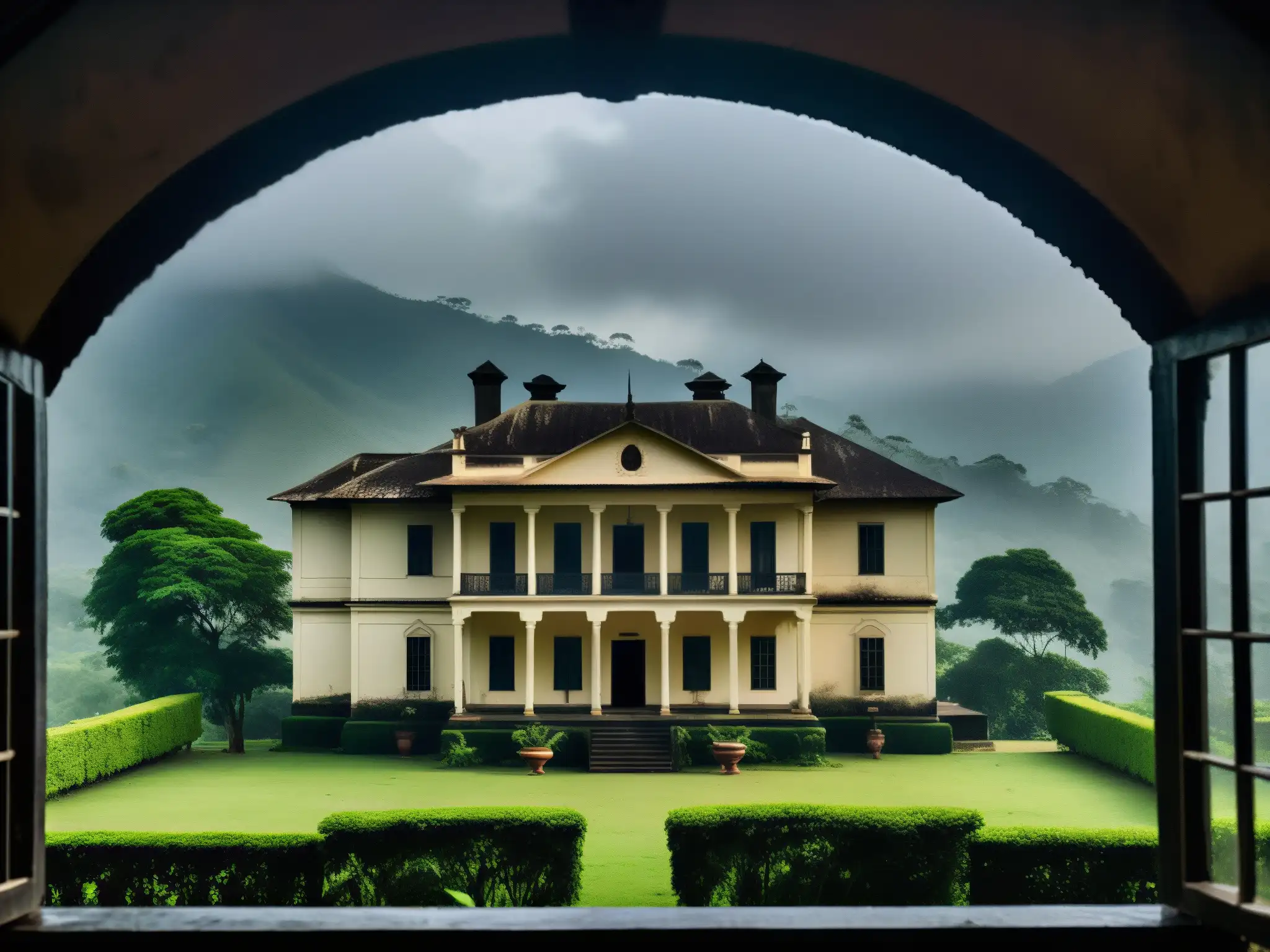 Una mansión colonial en la neblina con figuras fantasmales, perfecta para historias de terror casa siete hermanas