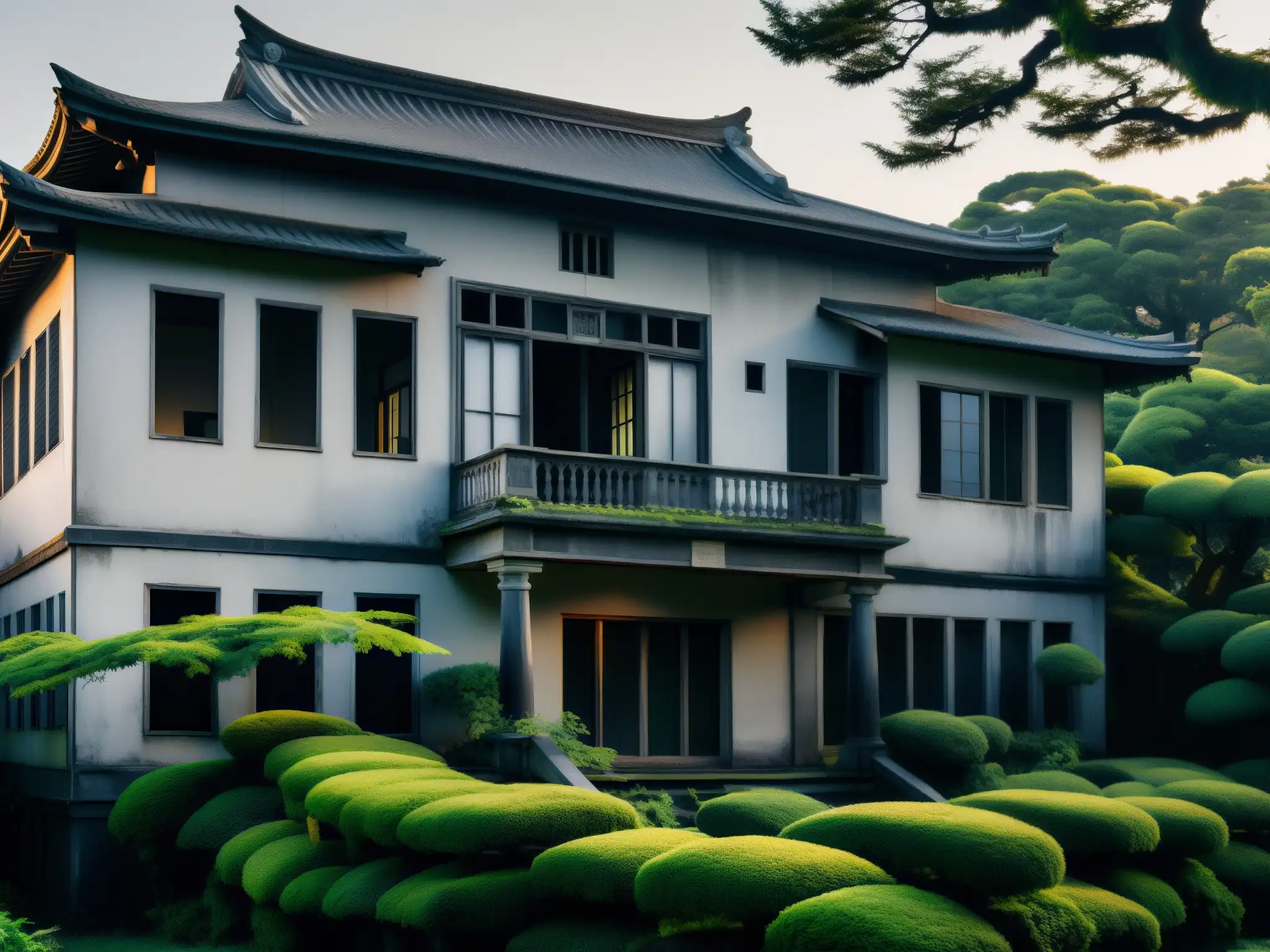 Una mansión japonesa abandonada al atardecer, con maleza y una atmósfera inquietante