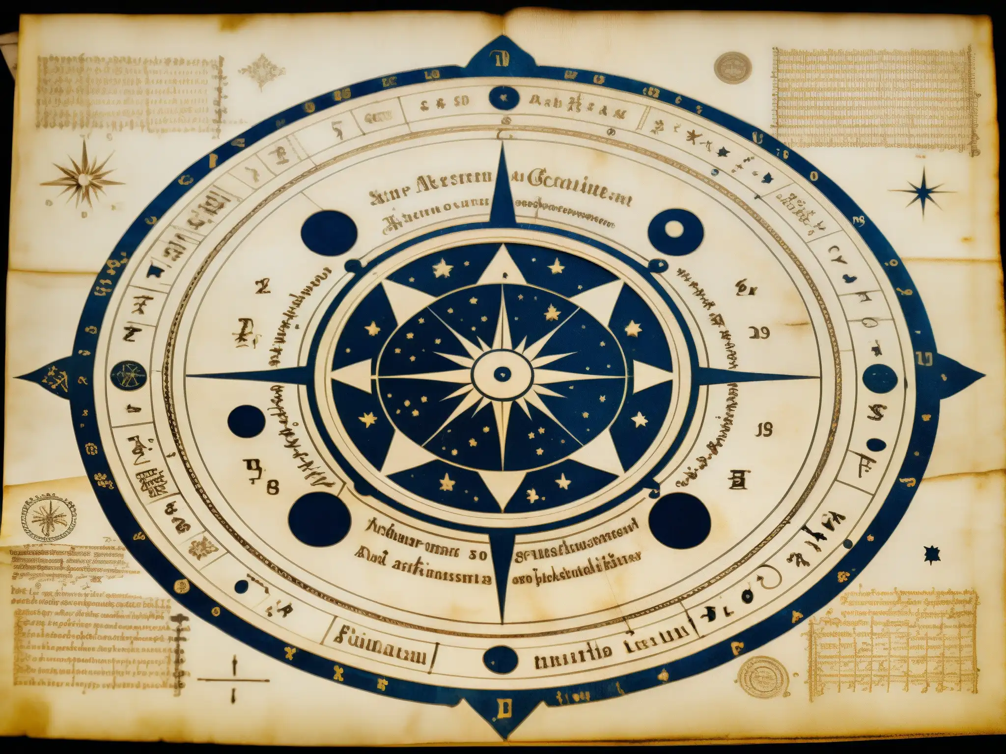 Manuscrito antiguo del astrólogo con mapas celestiales detallados y predicciones escritas a mano, evocando misterio y conocimiento