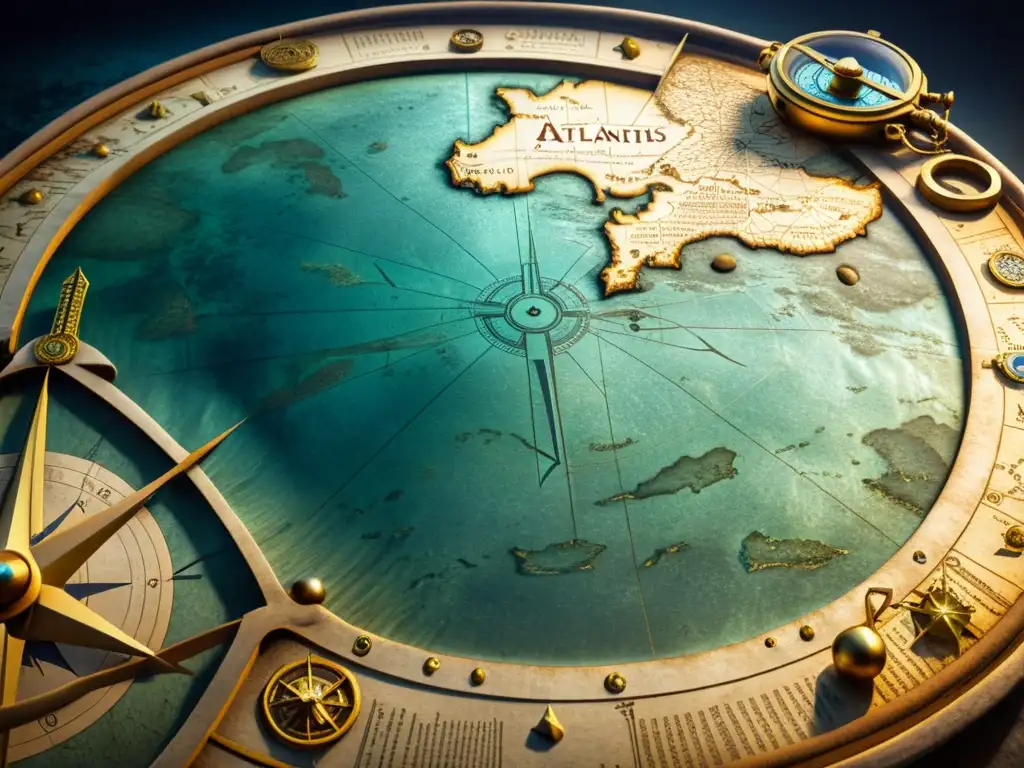 Mapa antiguo del Atlántico con conexiones de la Atlántida con Europa, rodeado de artefactos misteriosos y sombras dramáticas
