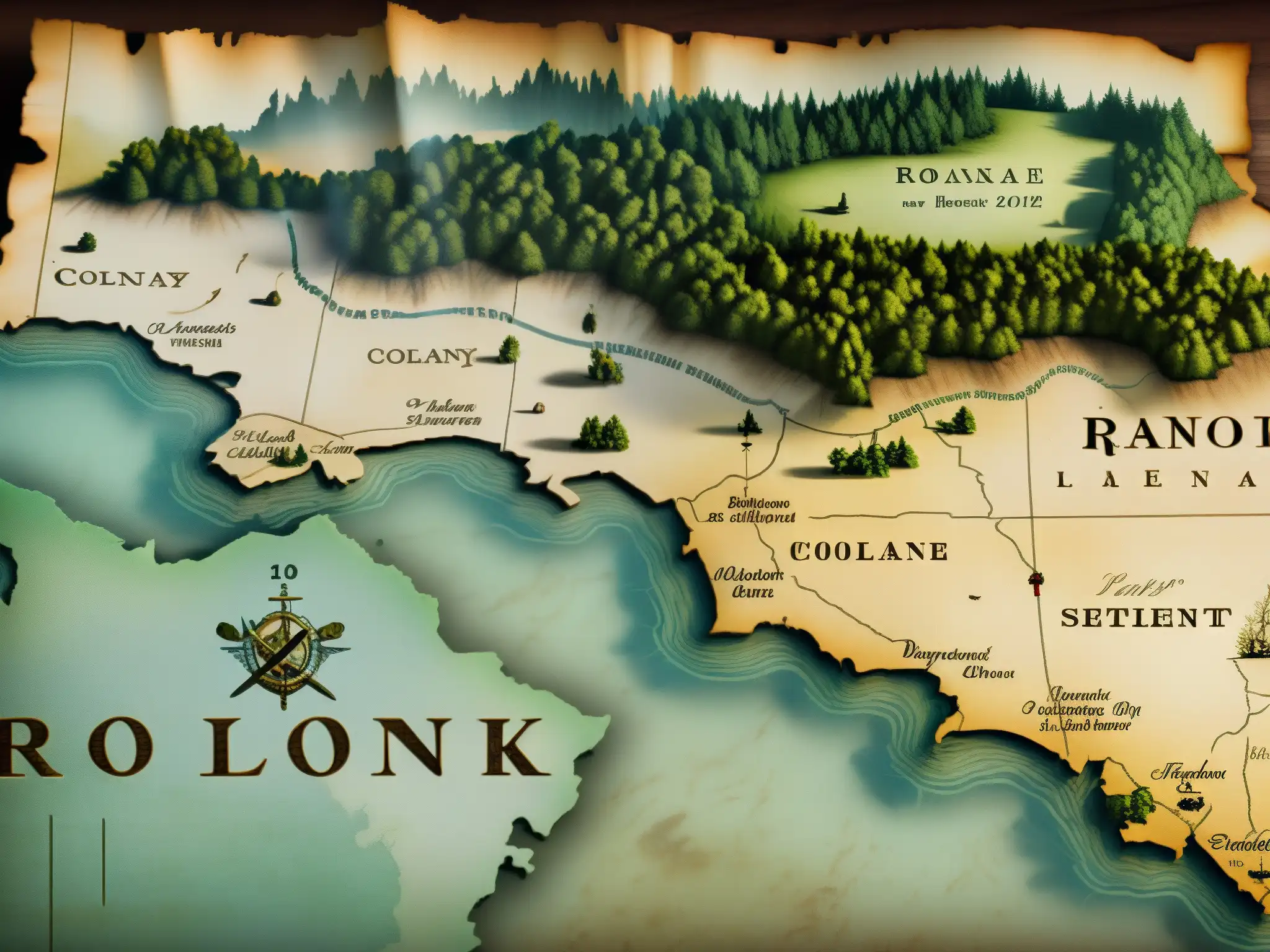Mapa envejecido de la colonia Roanoke, con detalles intrincados