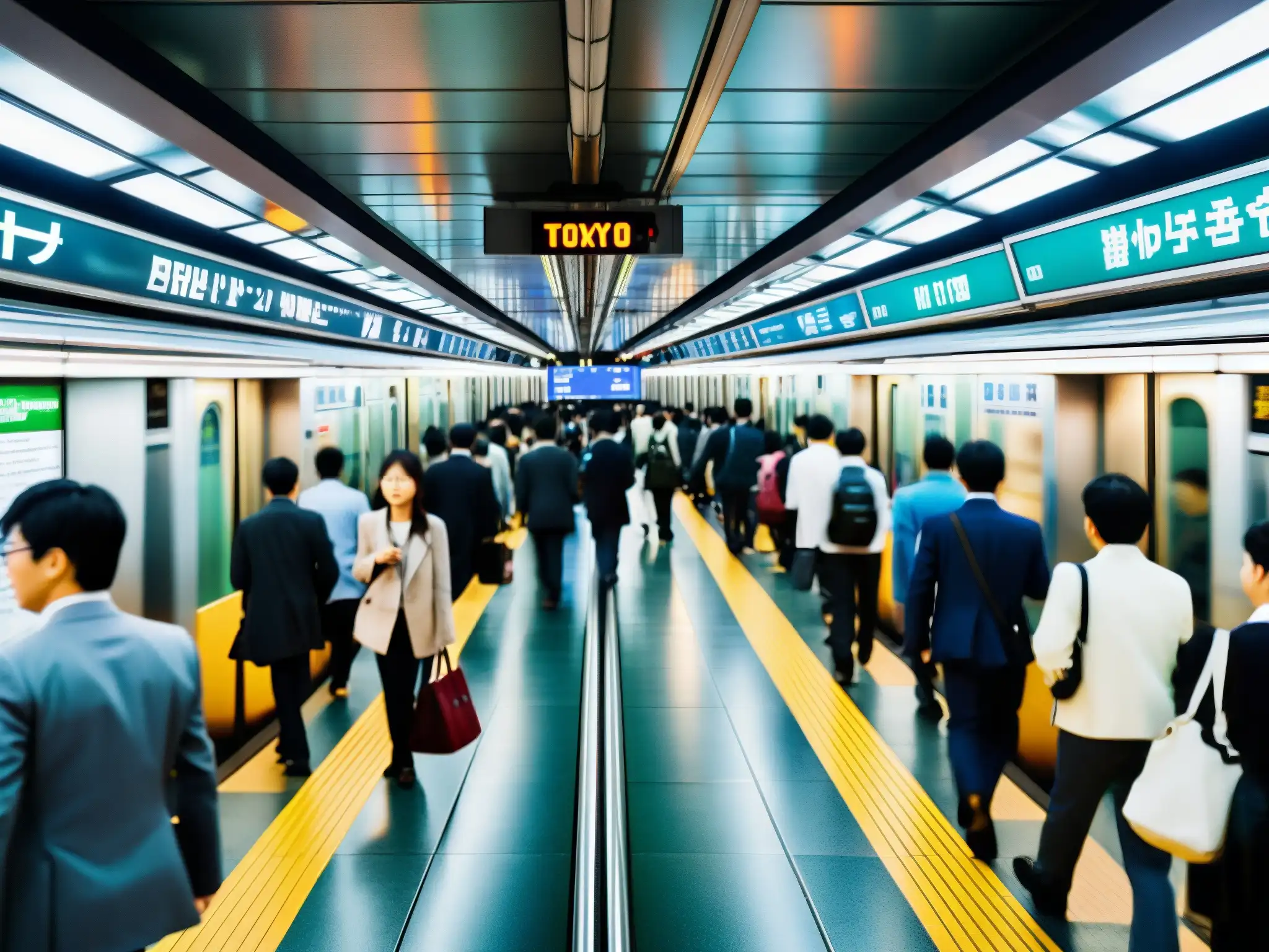 Un mar de viajeros se mueve en el bullicioso metro de Tokio, rodeado de la misteriosa arquitectura y señalética distintiva